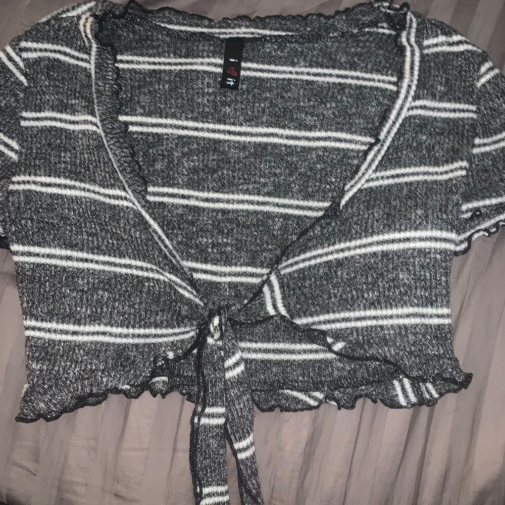 Gray and white striped tie up crop top